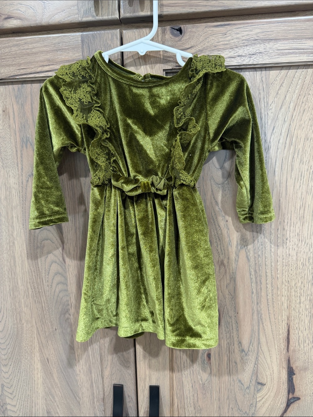 Baby Girl Olive Green Velvet Ruffle Dress With Bow
